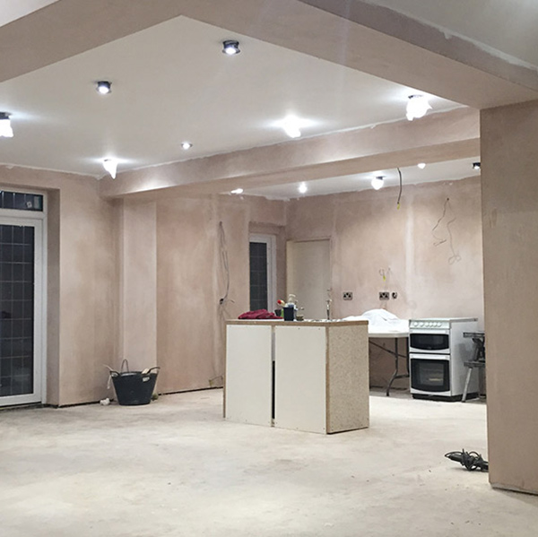 Kithcen Extension with new plaster and ceiling spot lights