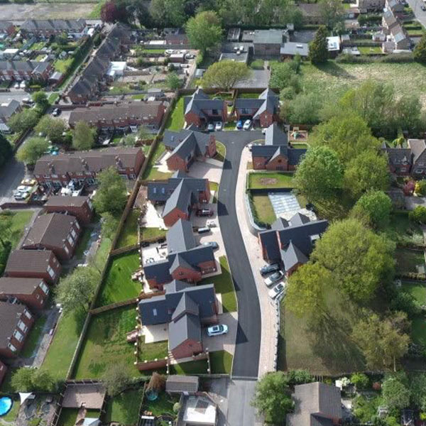 Arial view of a number of newly built homes